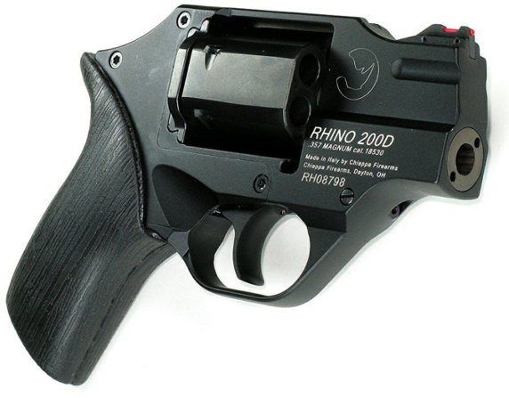 Rhino revolver Un revolver Rhino della Chiappa Firearms, l'asse della canna è in corrispondenza della camera più bassa del tamburo